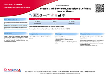 Product sheet Protein C Inhibitor Immunodepleted Deficient Human Plasma