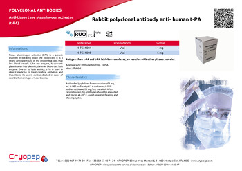 Product sheet Rabbit polyclonal antibody anti- human t-PA