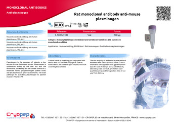 Product sheet Rat monoclonal antibody anti-mouse plasminogen