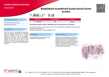 Product sheet Relipidated recombinant human tissue Factor protein