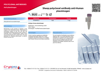 Product sheet Sheep polyclonal antibody anti-Human plasminogen