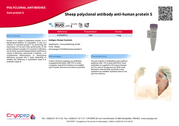 Product sheet Sheep polyclonal antibody anti-human protein S