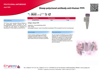 Product sheet Sheep polyclonal antibody anti-Human TFPI