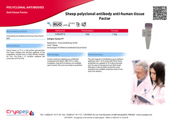 Product sheet Sheep polyclonal antibody anti-human tissue Factor