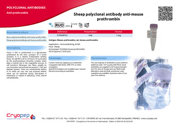 Product sheet Sheep polyclonal antibody anti-mouse prothrombin