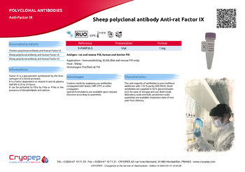 Product sheet Sheep polyclonal antibody Anti-rat Factor IX