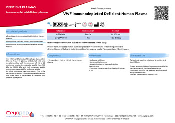Product sheet VWF Immunodepleted Deficient Human Plasma 