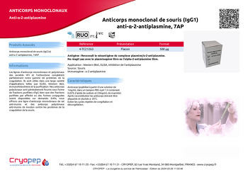 Fiche produit Anticorps monoclonal de souris (IgG1) anti-α-2-antiplasmine, 7AP