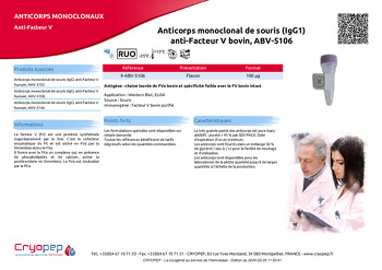 Fiche produit Anticorps monoclonal de souris (IgG1) anti-Facteur V bovin, ABV-5106