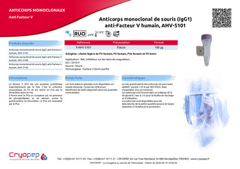 Fiche produit Anticorps monoclonal de souris (IgG1) anti-Facteur V humain, AHV-5101