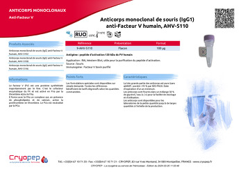 Fiche produit Anticorps monoclonal de souris (IgG1) anti-Facteur V humain, AHV-5110