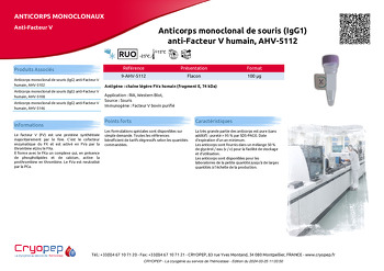 Fiche produit Anticorps monoclonal de souris (IgG1) anti-Facteur V humain, AHV-5112