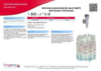 Fiche produit Anticorps monoclonal de souris (IgG1) anti-Facteur VIII humain