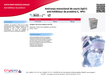 Fiche produit Anticorps monoclonal de souris (IgG1) anti-inhibiteur de protéine C,  4PCI