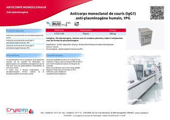 Fiche produit Anticorps monoclonal de souris (IgG1) anti-plasminogène humain, 1PG