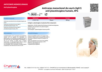 Fiche produit Anticorps monoclonal de souris (IgG1) anti-plasminogène humain, 4PG