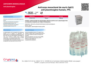 Fiche produit Anticorps monoclonal de souris (IgG1) anti-plasminogène humain, 7PG