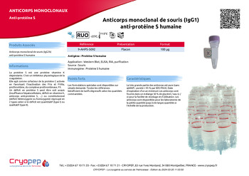 Fiche produit Anticorps monoclonal de souris (IgG1) anti-protéine S humaine