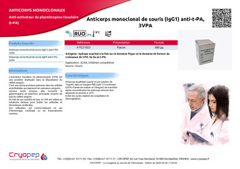 Fiche produit Anticorps monoclonal de souris (IgG1) anti-t-PA, 3VPA