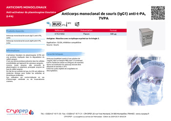 Fiche produit Anticorps monoclonal de souris (IgG1) anti-t-PA, 7VPA