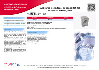 Fiche produit Anticorps monoclonal de souris (IgG2b) anti-PAI-1 humain, 1PAI