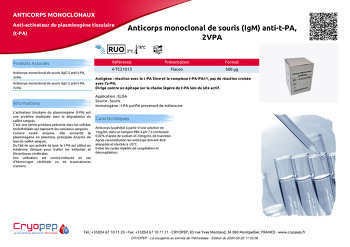 Fiche produit Anticorps monoclonal de souris (IgM) anti-t-PA, 2VPA