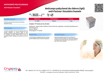 Fiche produit Anticorps polyclonal de chèvre (IgG) anti-Facteur tissulaire humain