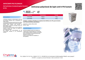 Fiche produit Anticorps polyclonal de lapin anti-t-PA humain