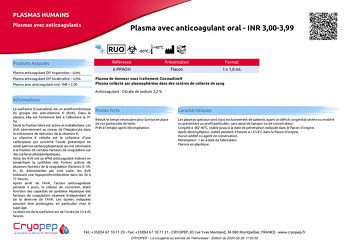 Fiche produit Plasma avec anticoagulant oral - INR 3,00-3,99
