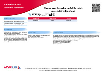 Fiche produit Plasma avec héparine de faible poids moléculaire (Innohep)