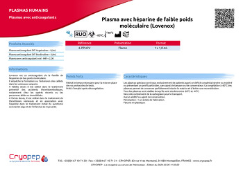 Fiche produit Plasma avec héparine de faible poids moléculaire (Lovenox)