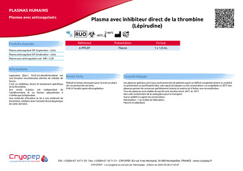 Fiche produit Plasma avec inhibiteur direct de la thrombine (Lépirudine)