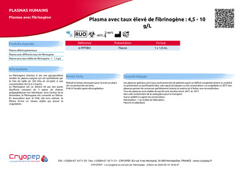 Fiche produit Plasma avec taux élevé de fibrinogène : 4,5 - 10 g/L