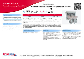 Fiche produit Plasma Humain Déficient congénital en Facteur XI