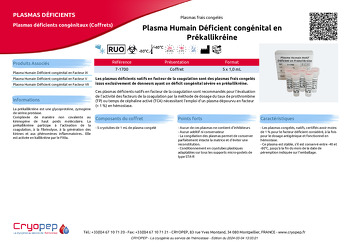 Fiche produit Plasma Humain Déficient congénital en Prékallikréine