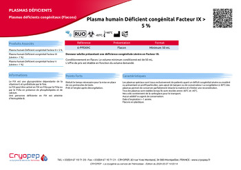 Fiche produit Plasma humain Déficient congénital Facteur IX > 5 %