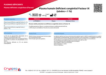 Fiche produit Plasma humain Déficient congénital Facteur IX (sévère < 1 %)