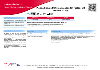 Fiche produit Plasma humain Déficient congénital Facteur VII (sévère < 1 %)