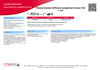 Fiche produit Plasma humain Déficient congénital Facteur VIII > 5 %