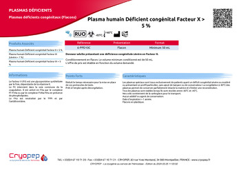 Fiche produit Plasma humain Déficient congénital Facteur X > 5 %