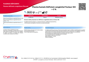 Fiche produit Plasma humain Déficient congénital Facteur XIII > 5 %