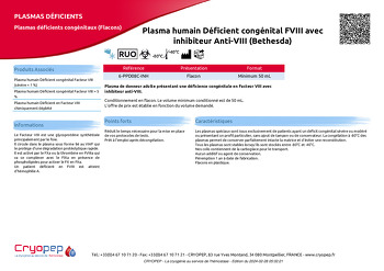 Fiche produit Plasma humain Déficient congénital FVIII avec inhibiteur Anti-VIII (Bethesda)