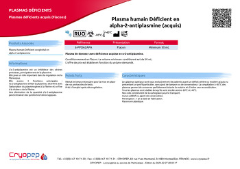 Fiche produit Plasma humain Déficient en alpha-2-antiplasmine (acquis)