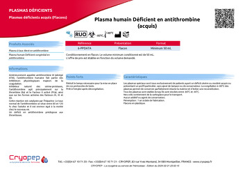 Fiche produit Plasma humain Déficient en antithrombine (acquis)