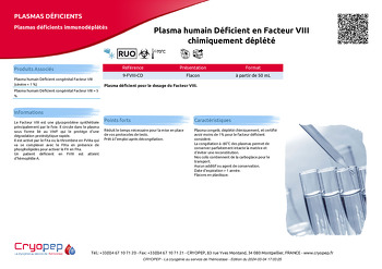 Fiche produit Plasma humain Déficient en Facteur VIII chimiquement déplété