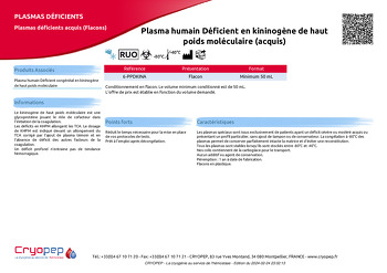 Fiche produit Plasma humain Déficient en kininogène de haut poids moléculaire (acquis)