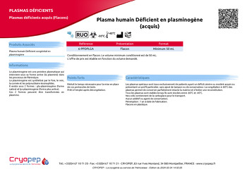 Fiche produit Plasma humain Déficient en plasminogène (acquis)