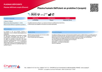 Fiche produit Plasma humain Déficient en protéine S (acquis)