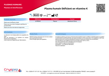 Fiche produit Plasma humain Déficient en vitamine K