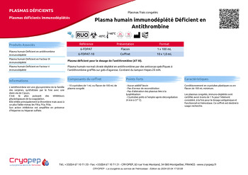 Fiche produit Plasma humain immunodéplété Déficient en Antithrombine